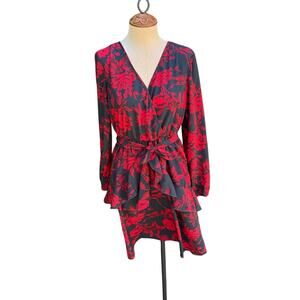 Uguest Long Sleeve V Neck Dress Floral Mini Swing Party Belted Dress Size Medium